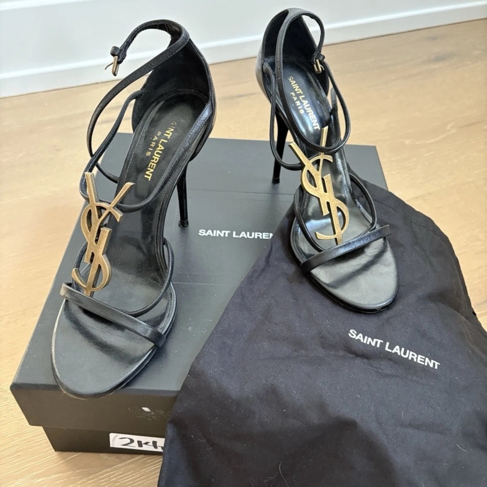 Saint Laurent Black and Gold Strappy Heels